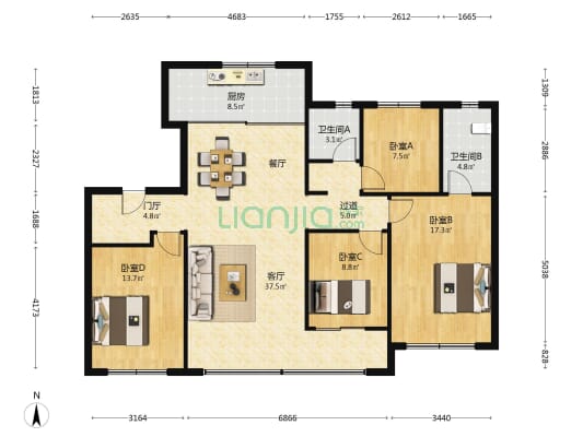 中海雪山境 4室1厅2卫 142平方