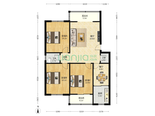 长安第一建筑公司家属院 3室2厅2卫 114平方