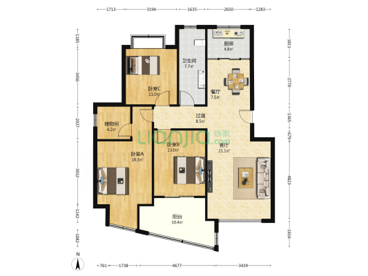 学士府 3室2厅1卫 122平方