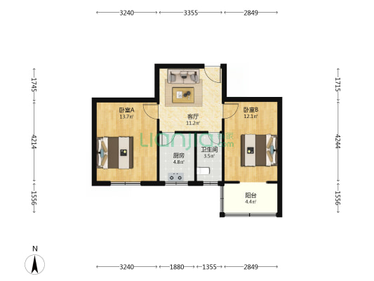岗杜北街6号院 2室1厅1卫 62平方