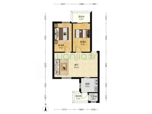 琼山市电信局住宅区 2室1厅1卫 56平方