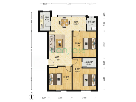 北中巷14号 3室2厅2卫 80平方