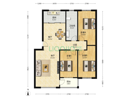 兴旺花园 3室2厅1卫 124平方