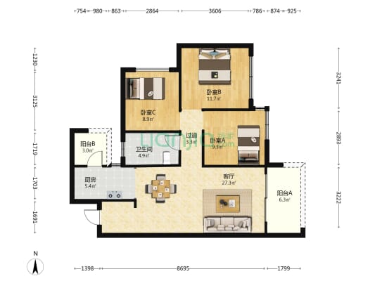 青秀麓谷山语 3室1厅1卫 92平方