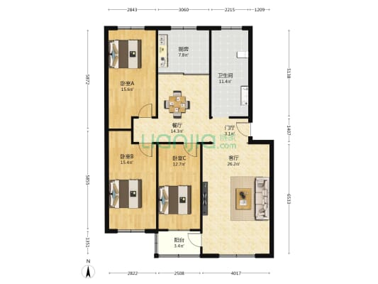 五里小区东区 3室2厅1卫 133平方