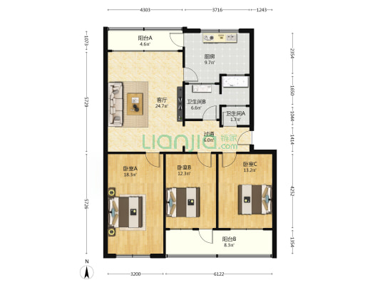 城关乡家属院 3室1厅2卫 121平方