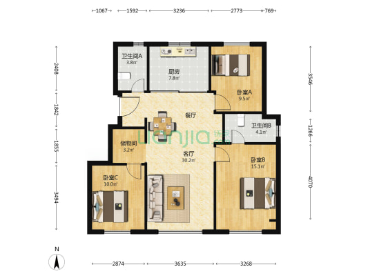 中海爱贤里 3室1厅2卫 106平方