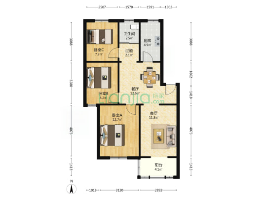 翠微西园 3室2厅1卫 81平方