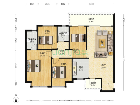 领地悦音阁 4室1厅2卫 130平方