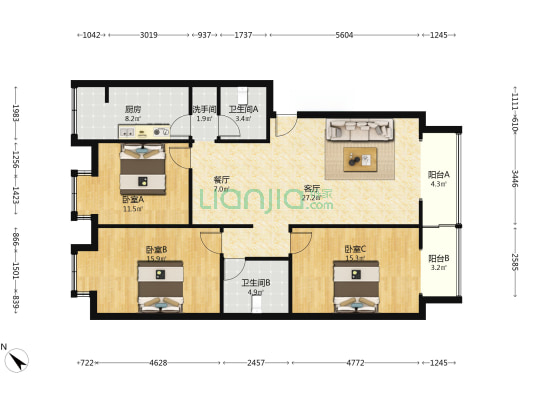 顺怡苑 3室2厅3卫 125平方