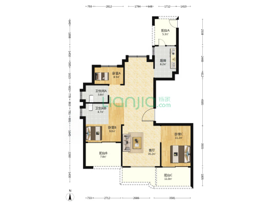 世贸公馆东区 3室1厅2卫 119平方