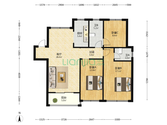 万山运河绿都 3室1厅2卫 120平方