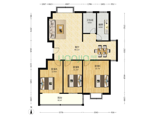 耀華苑公寓 3室1厅1卫 126平方