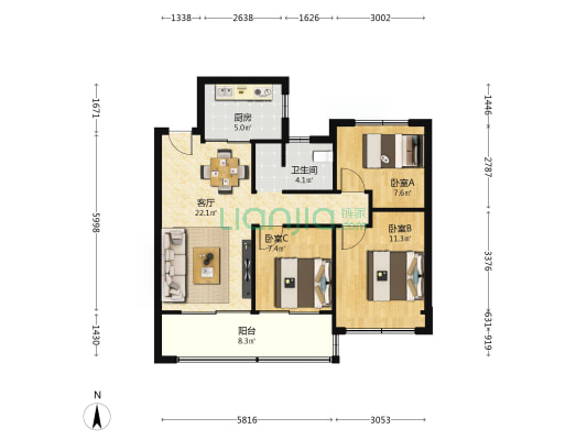 玖华府 3室1厅1卫 89平方