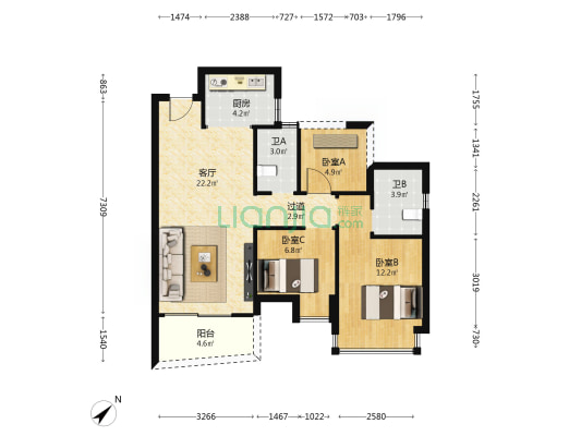江畔明珠 3室1厅2卫 88平方