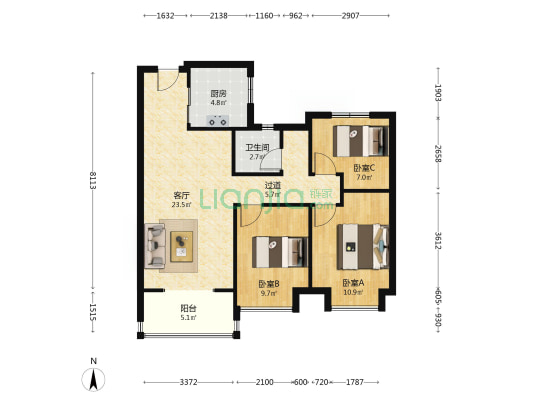 万科东湖堤白 3室1厅1卫 92平方