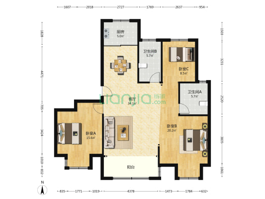 巨桥花园 3室1厅2卫 147平方