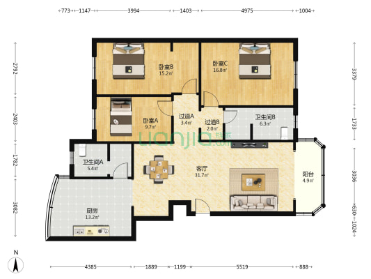 正中街19号 3室1厅2卫 133平方