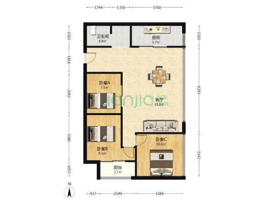 万坤图财富广场 3室1厅1卫 106平方