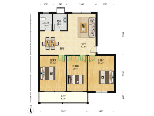 防暴队宿舍 3室1厅1卫 105平方