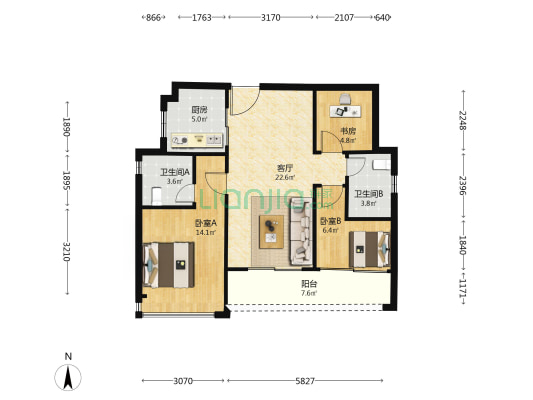 中海鹿洲府 3室1厅2卫 89平方