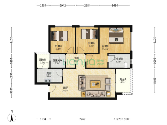 万科梦想之光 3室1厅2卫 90平方
