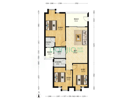丰盛园 3室1厅2卫 96平方