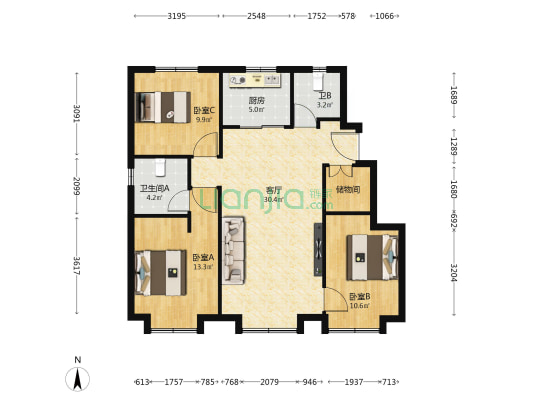 万科西庐文韵园 3室1厅2卫 105平方