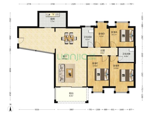 恒丰花园(惠城) 4室1厅2卫 136平方