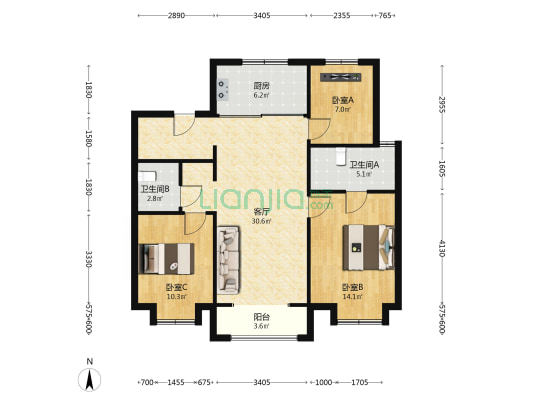 万科未来城三期 3室1厅2卫 116平方