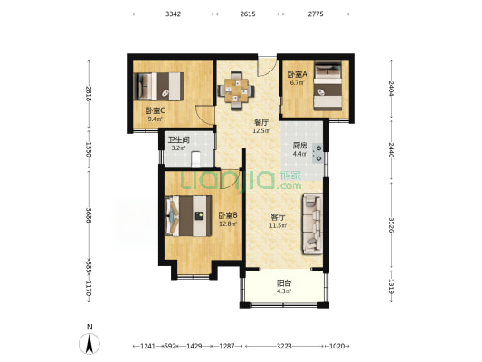 龙岸花园祥和苑 3室2厅1卫 89平方