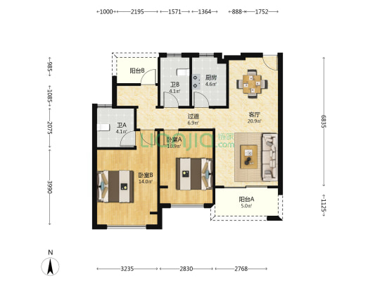 新天地 熙照华庭 2室1厅2卫 89平方