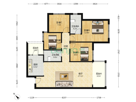 滨江玺樾 4室1厅2卫 114平方