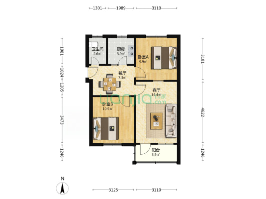宋城路34号 2室2厅1卫 63平方