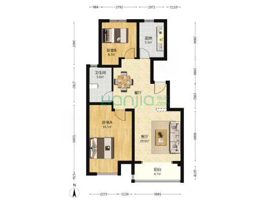 水岸佳苑B区 2室1厅1卫 92平方