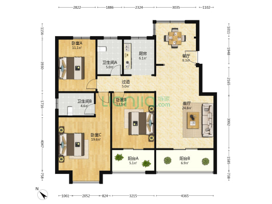 中央名都 3室2厅2卫 139平方