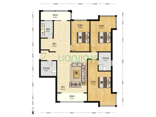 金竹花园165平米三居室 户型方正 双卫-户型图