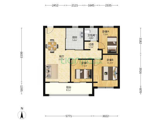 保利国贸璟上 3室1厅1卫 88平方