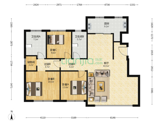 金科天湖北苑 3室1厅2卫 141平方