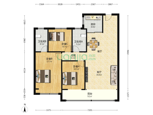 新东升福园南区 3室1厅2卫 137平方