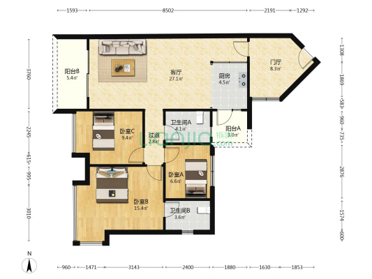 逸濠轩 3室1厅2卫 103平方