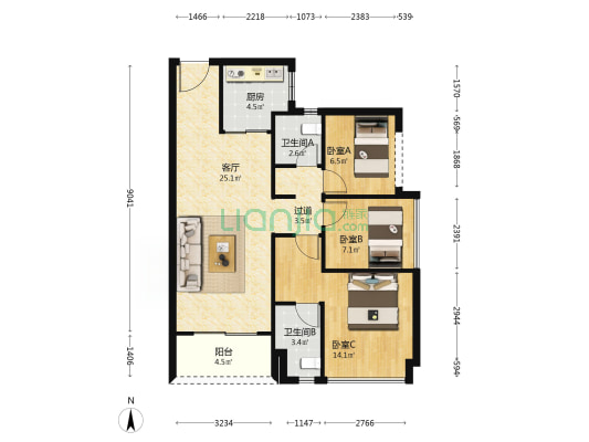 远大建管帝景湾 3室1厅2卫 86平方
