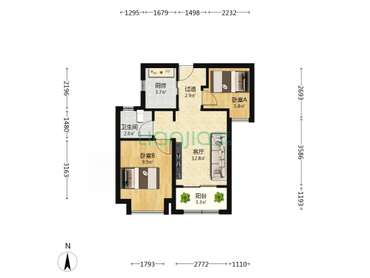 新店地铁社区悠然居 2室1厅1卫 59平方