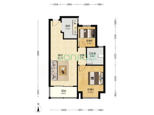 恒大世纪海岸 2室1厅1卫 85平方