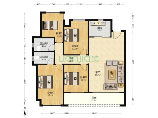 轨道万科璞悦湾 4室1厅2卫 143平方