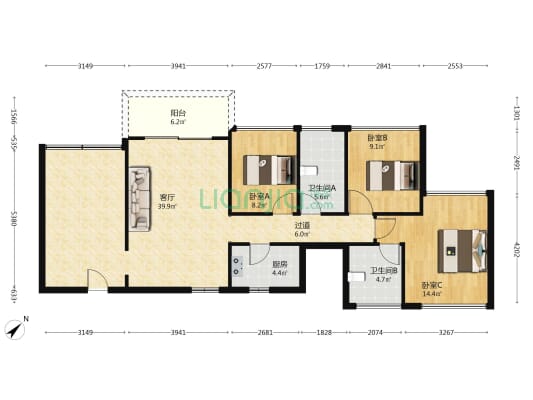 隆腾花园 3室1厅2卫 101平方