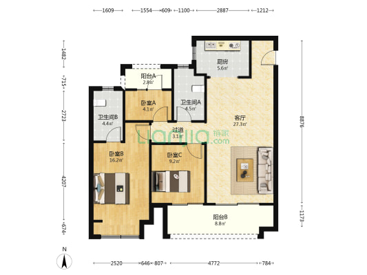 雅宝龙湖春江天玺 3室1厅2卫 116平方