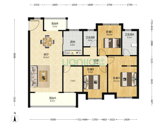 绿都中央公园 3室1厅2卫 137平方