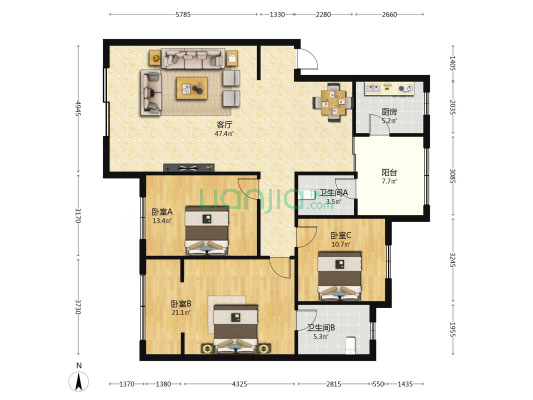 建委甲区宿舍 3室1厅2卫 136平方