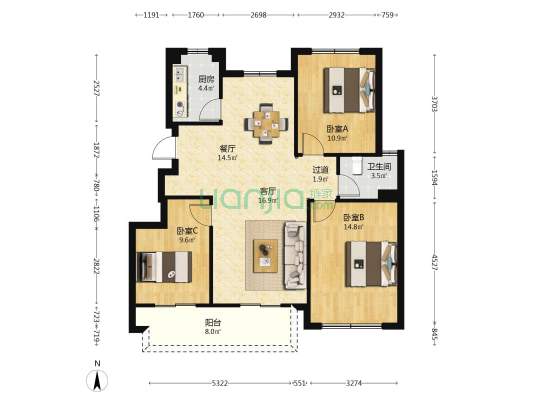 观喜家园 3室2厅1卫 101平方